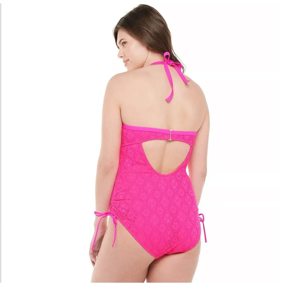 Kohls SO Swimsuit Halter One piece 0X XL 12/14 Bathing Suit‎ Eyelet Crochet Pink